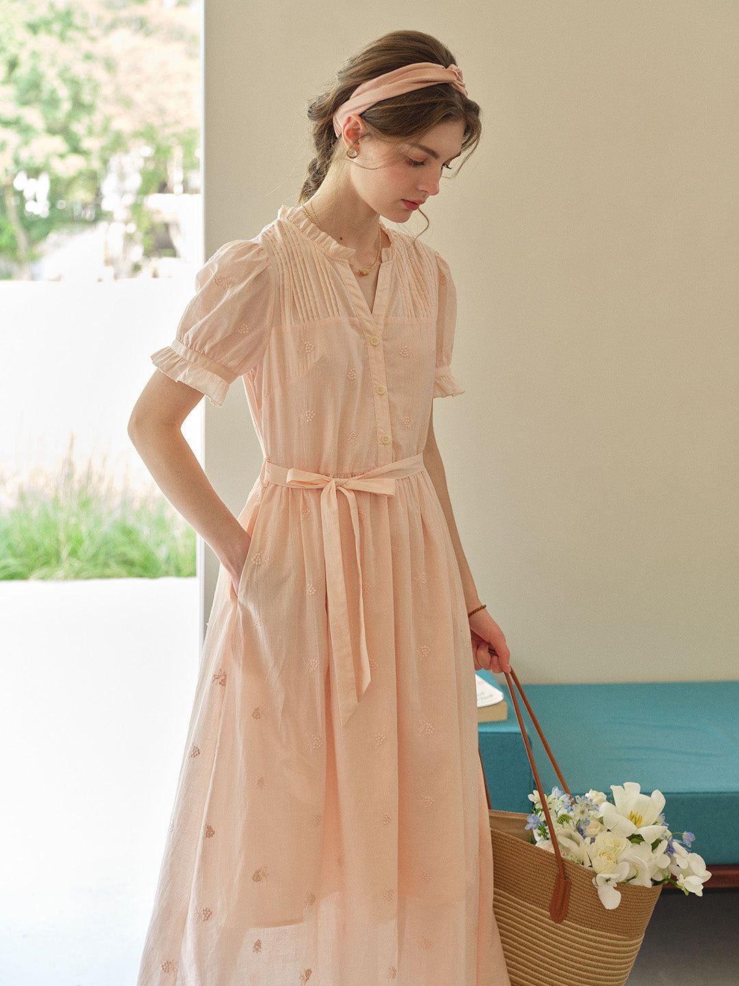Aitana Rose Embroidered V-neck Puff Sleeve Lace Cotton Dress, M