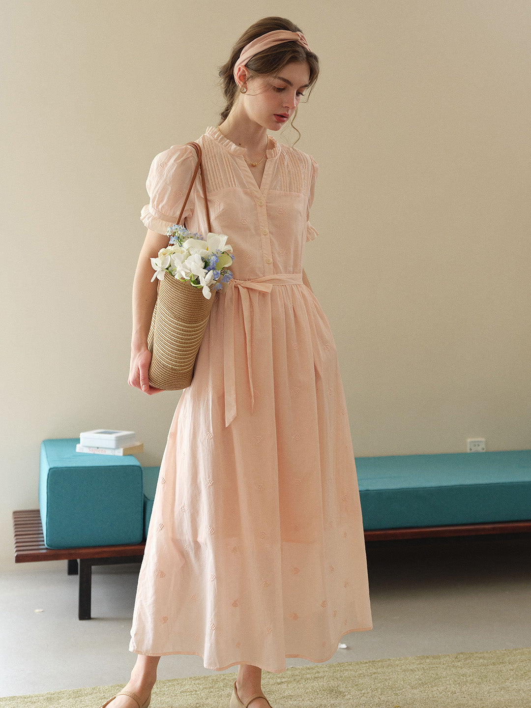 Aitana Rose Embroidered V-neck Puff Sleeve Lace Cotton Dress, M Aitana Rose Embroidered V-neck Puff Sleeve Lace Cotton Dress, M