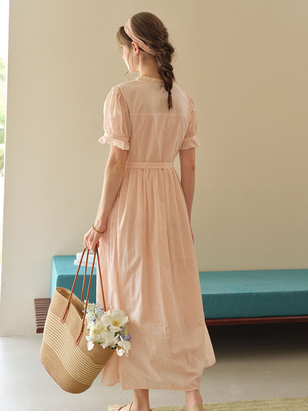 Aitana Rose Embroidered V-neck Puff Sleeve Lace Cotton Dress, M