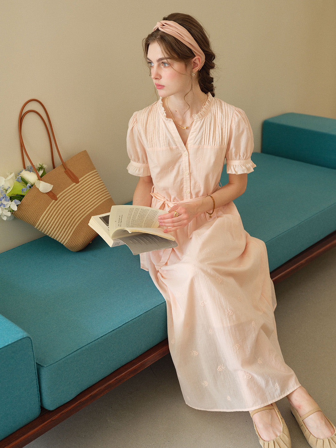 Aitana Rose Embroidered V-neck Puff Sleeve Lace Cotton Dress