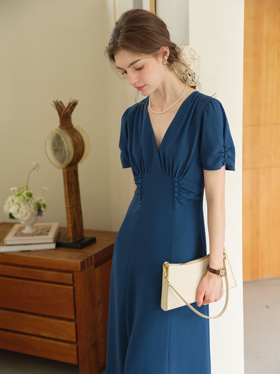 Simple Retro Andie V-Neck Shirred Dress