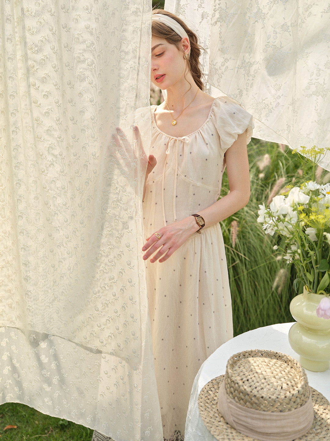 Gabriella Round Neck Printed Linen Dress