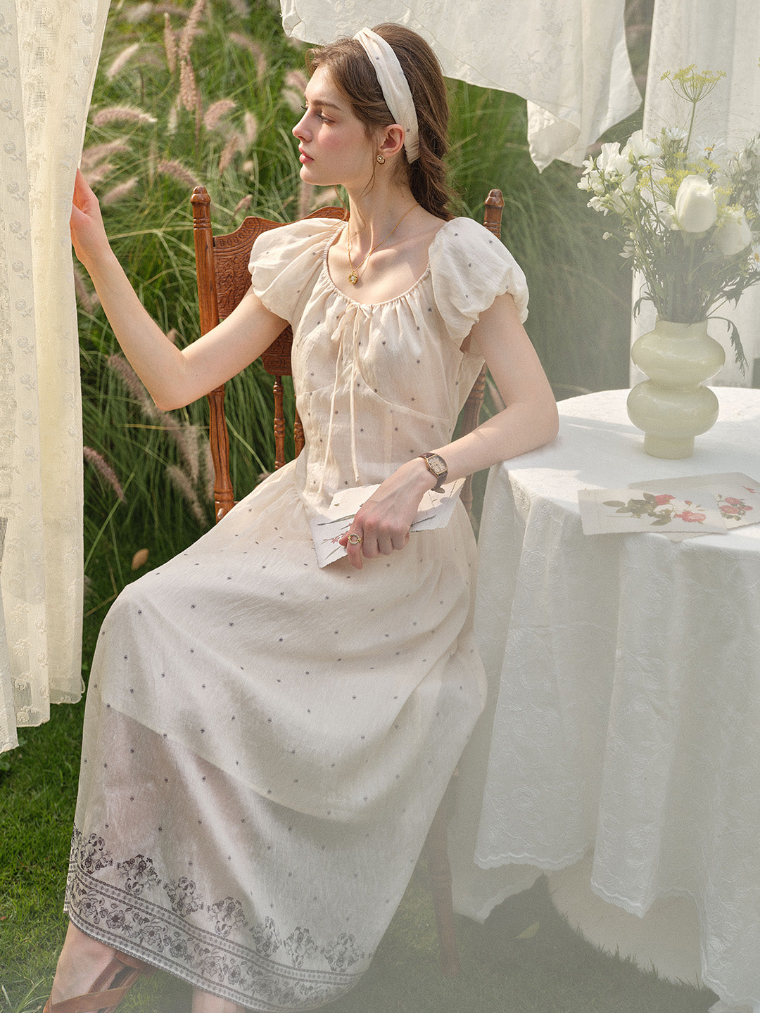 Gabriella Round Neck Printed Linen Dress