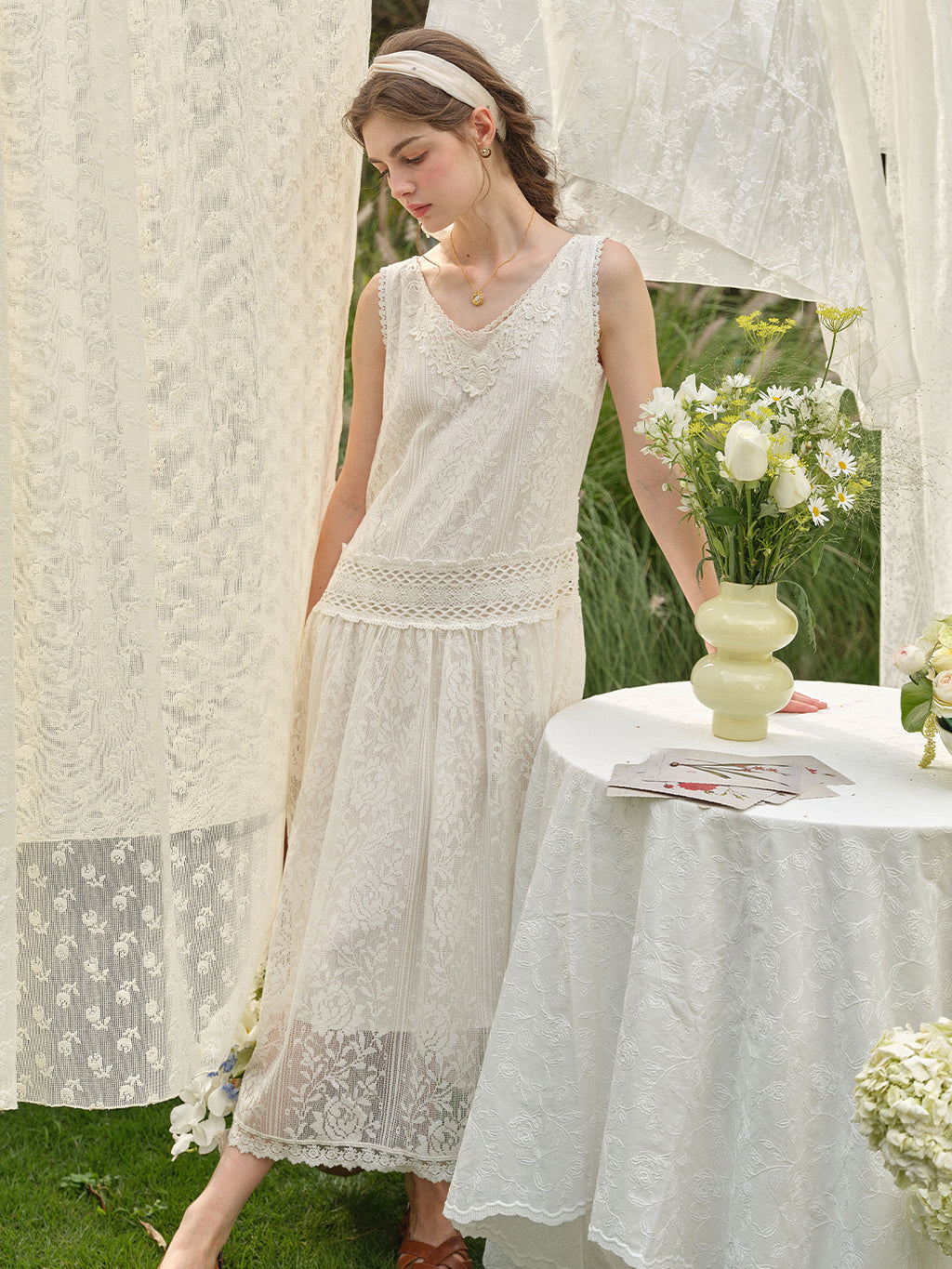 Elise Lace-Embroidered Hollow Cotton Dress Elise Lace-Embroidered Hollow Cotton Dress