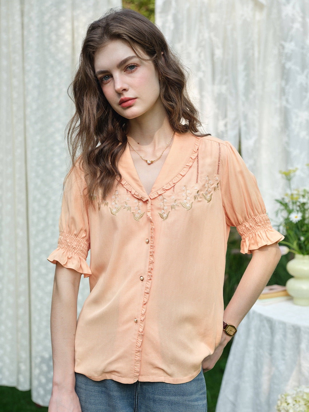 Convallaria Floral Embroidered Orange Puff Top