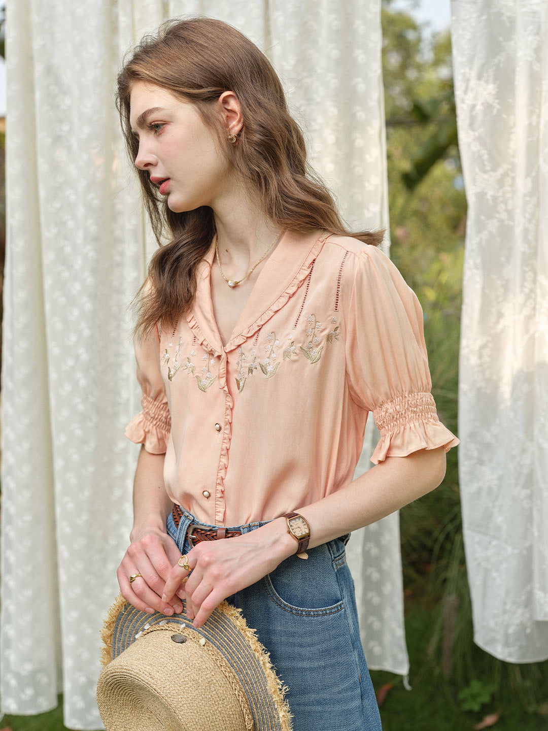Convallaria Floral Embroidered Orange Puff Top