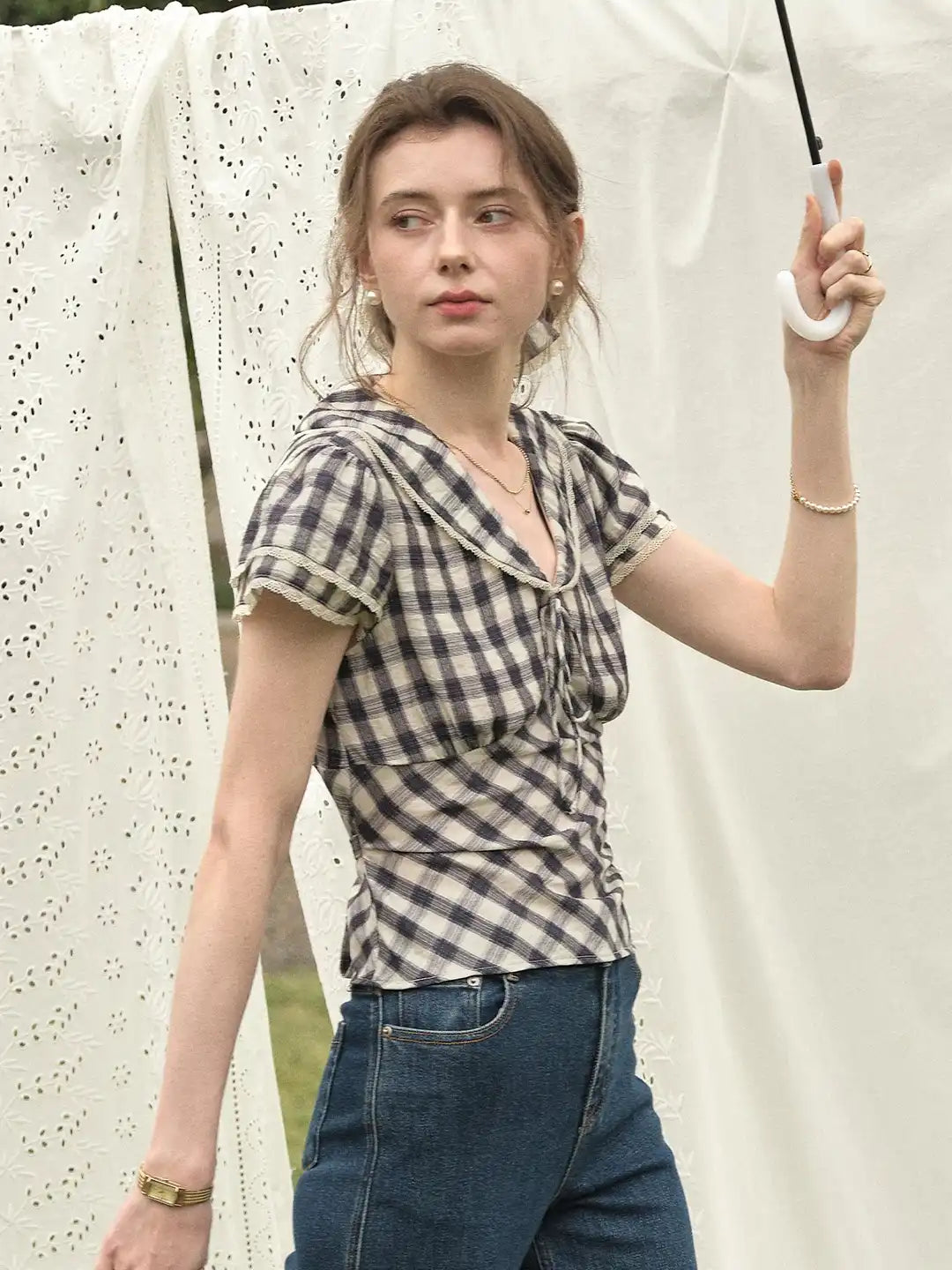 Luisa V-Neck Plaid Blouse