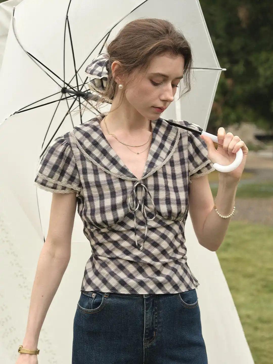 Luisa V-Neck Plaid Blouse