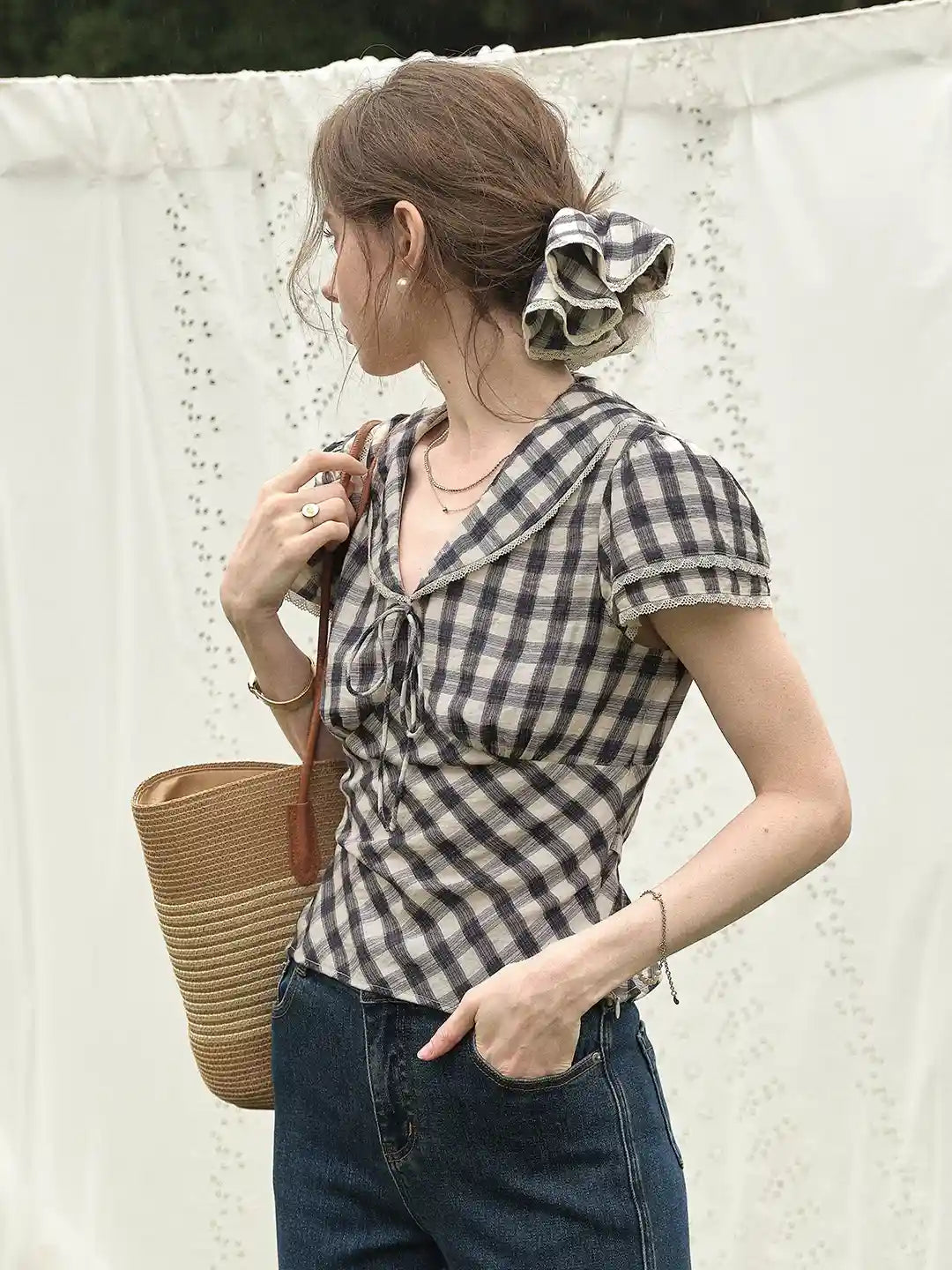 Luisa V-Neck Plaid Blouse