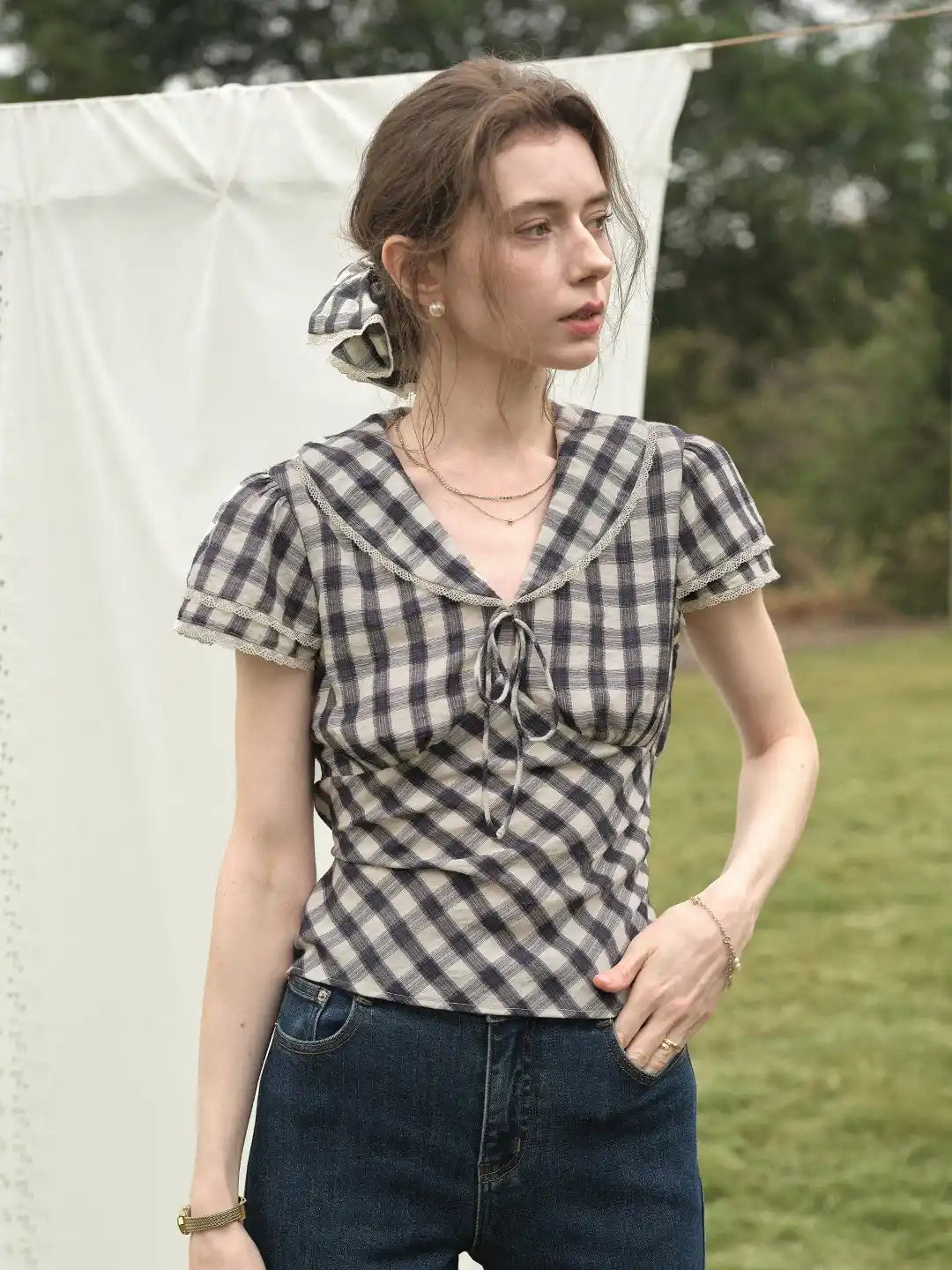 Luisa V-Neck Plaid Blouse