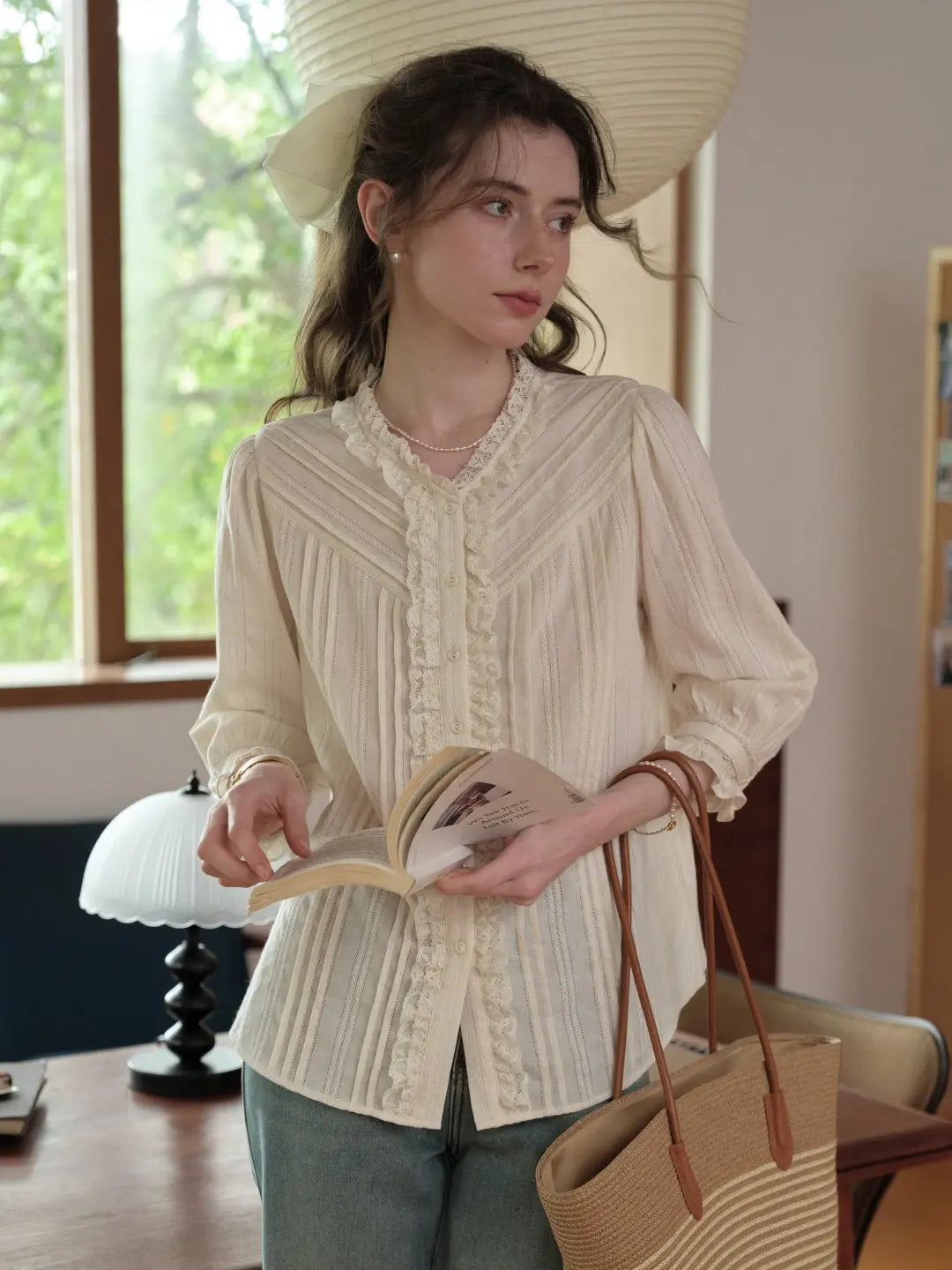 Emiliana Lace Neck 100%Cotton Blouse