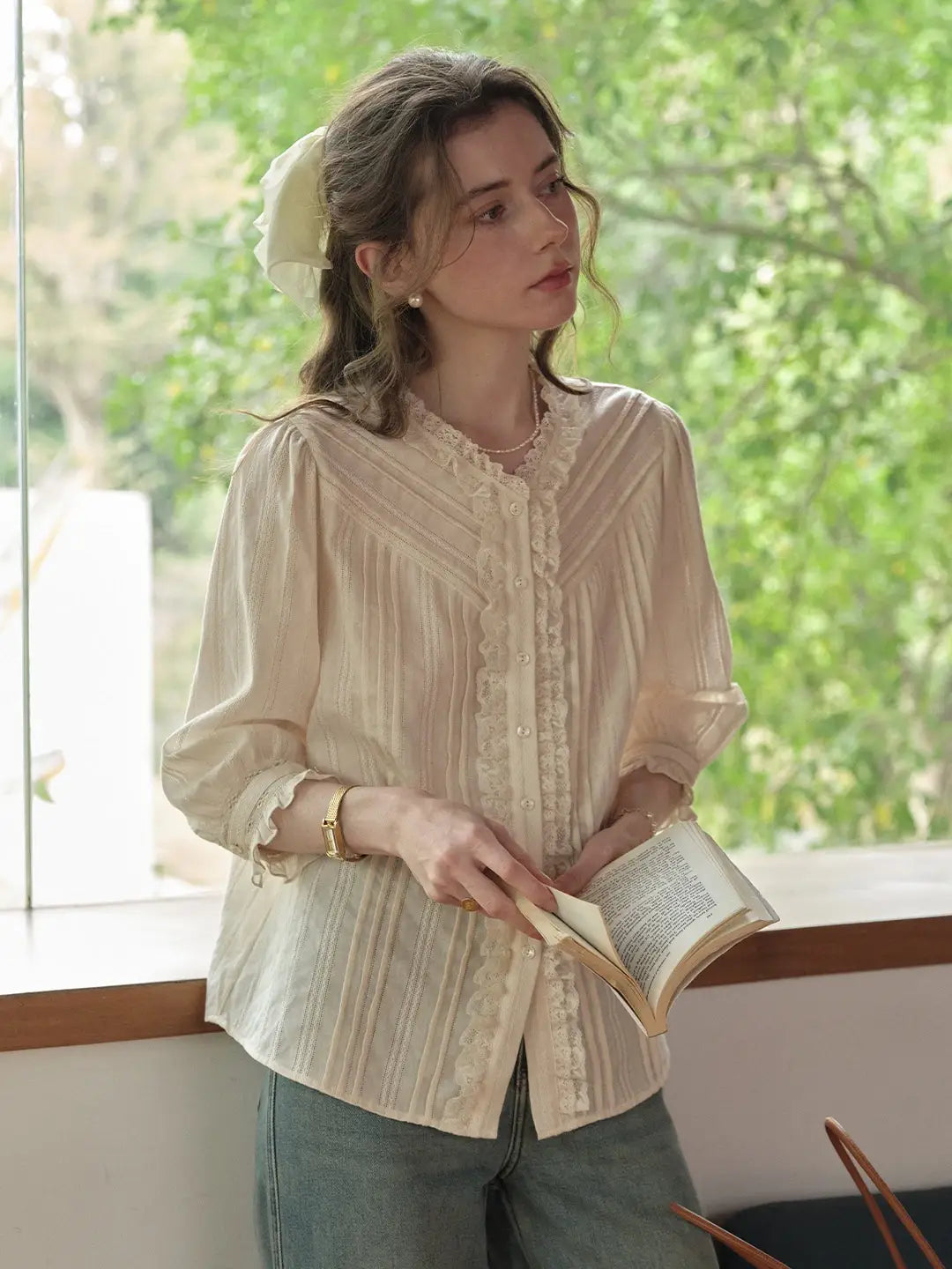 Emiliana Lace Neck 100%Cotton Blouse