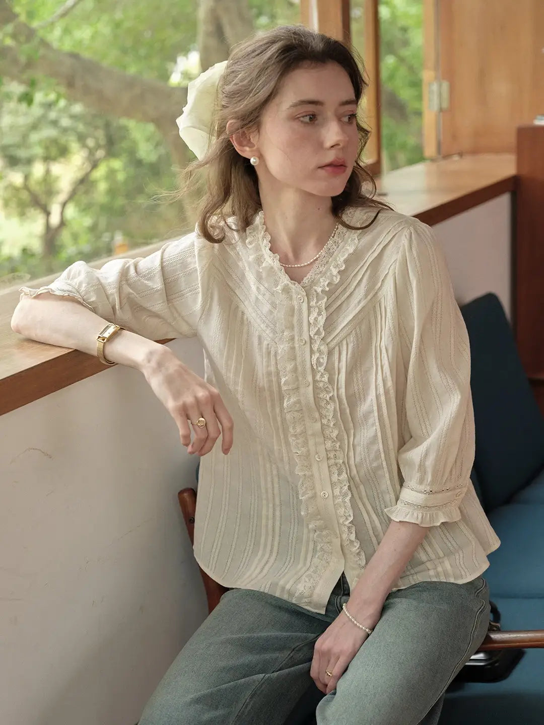 Emiliana Lace Neck 100%Cotton Blouse