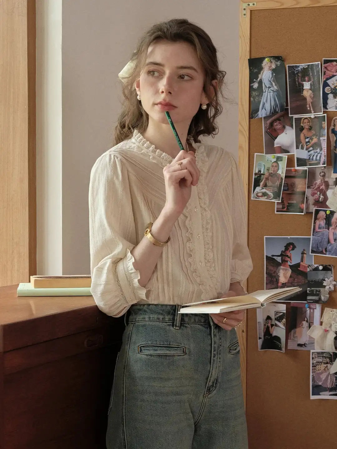 Emiliana Lace Neck 100%Cotton Blouse