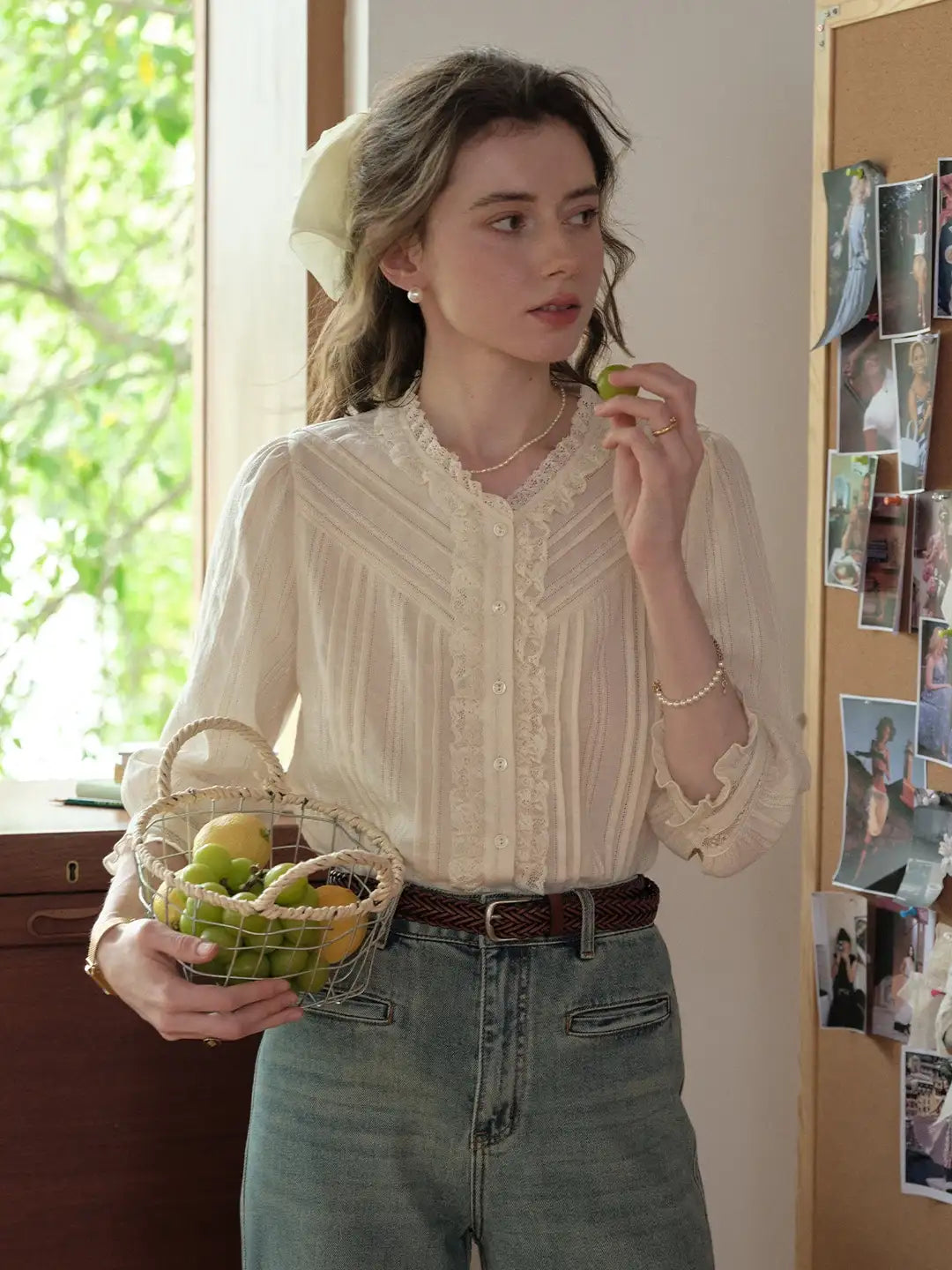 Emiliana Lace Neck 100%Cotton Blouse
