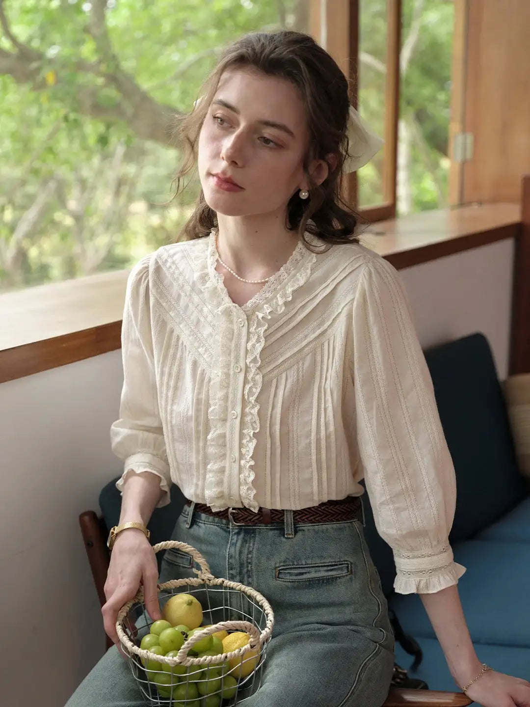 Emiliana Lace Neck 100%Cotton Blouse