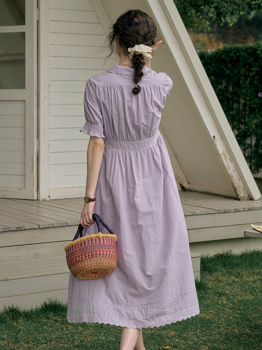 【Final Sale】Roselyn Embroidered V  Neck Lapel Puff Sleeve Cotton High Waist Midi Dress