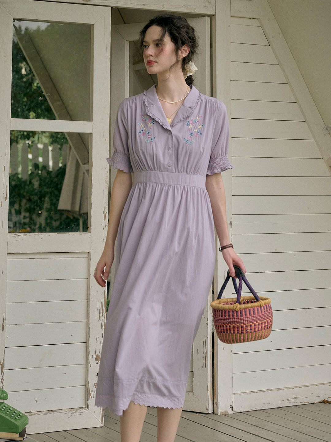 【Final Sale】Roselyn Embroidered V  Neck Lapel Puff Sleeve Cotton High Waist Midi Dress