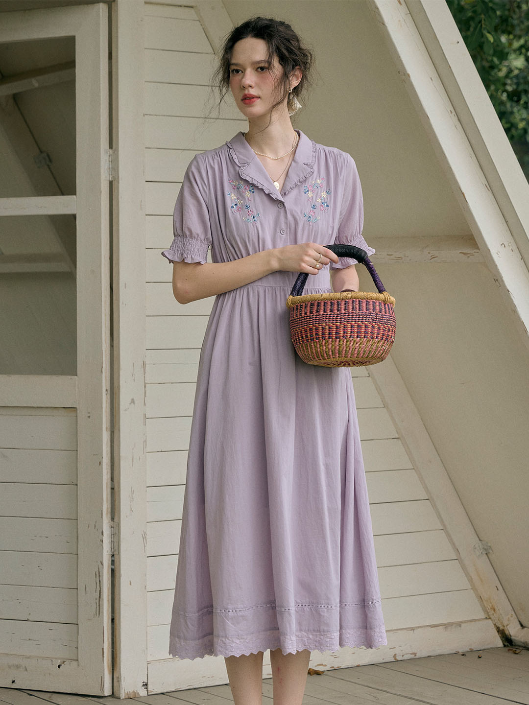【Final Sale】Roselyn Embroidered V  Neck Lapel Puff Sleeve Cotton High Waist Midi Dress