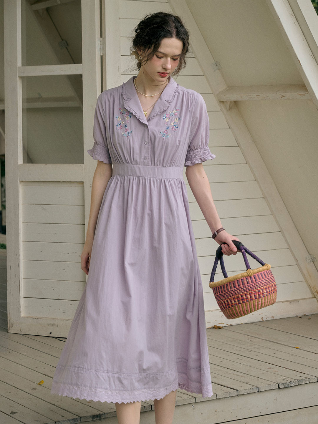 【Final Sale】Roselyn Embroidered V  Neck Lapel Puff Sleeve Cotton High Waist Midi Dress