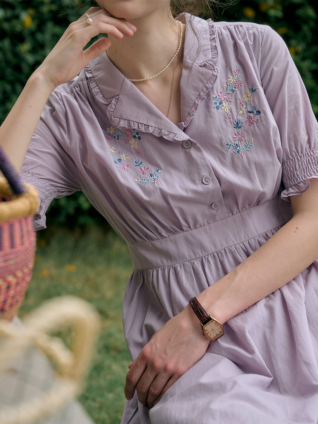 【Final Sale】Roselyn Embroidered V  Neck Lapel Puff Sleeve Cotton High Waist Midi Dress