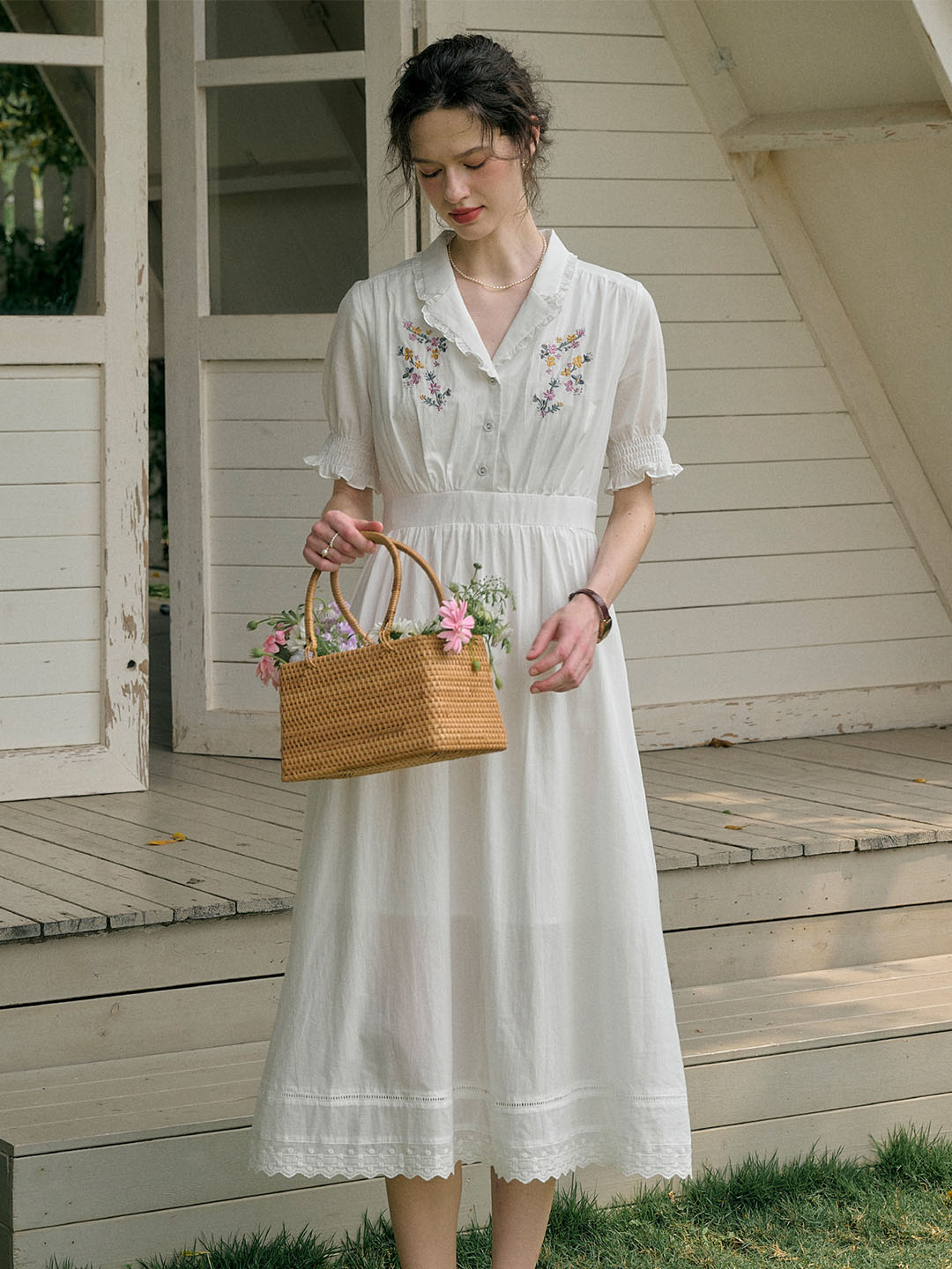 Roselyn Embroidered V  Neck Lapel Puff Sleeve Cotton High Waist Midi Dress