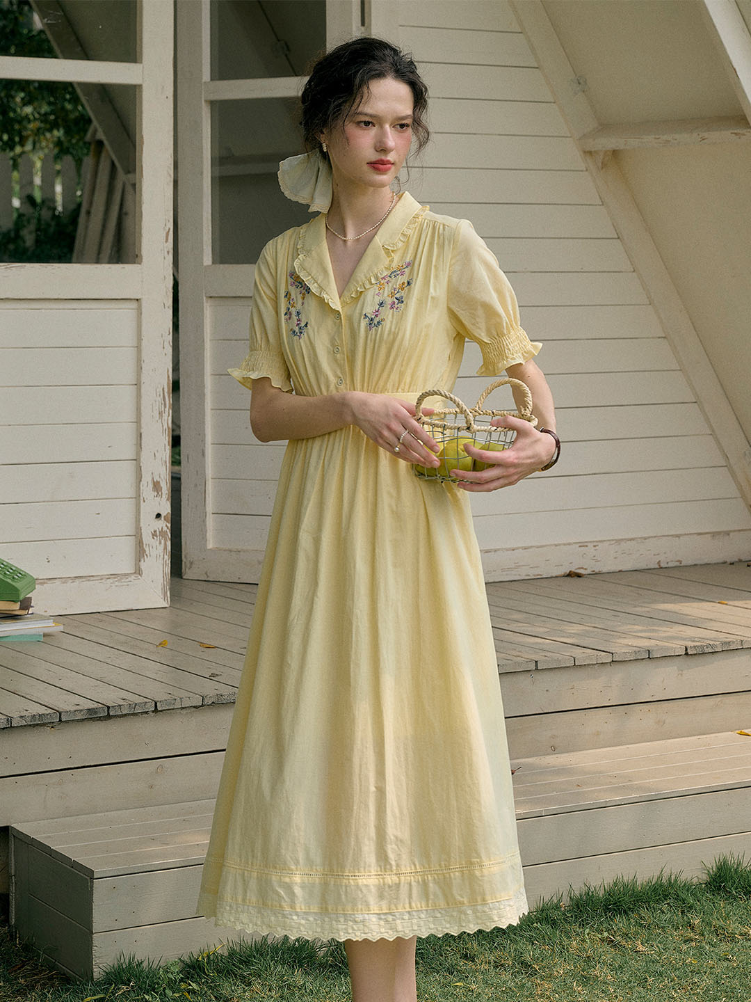 【Final Sale】Roselyn Embroidered V  Neck Lapel Puff Sleeve Cotton High Waist Midi Dress