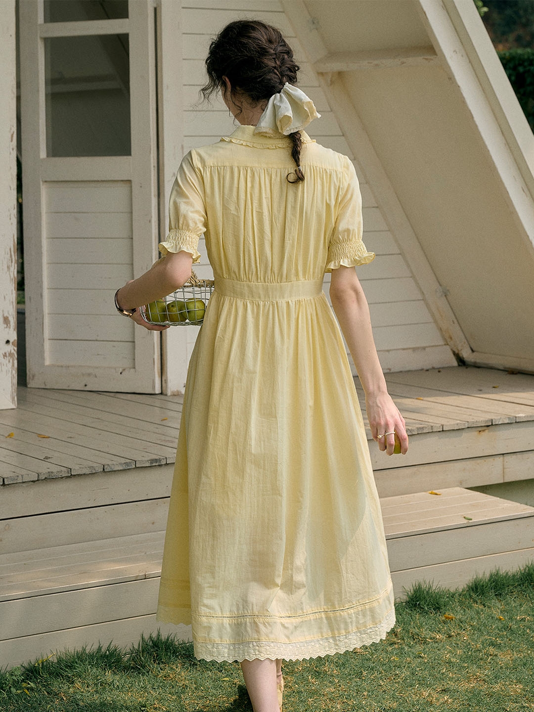 【Final Sale】Roselyn Embroidered V  Neck Lapel Puff Sleeve Cotton High Waist Midi Dress