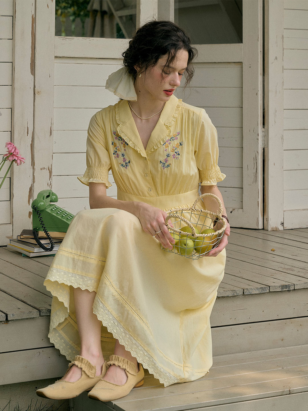 【Final Sale】Roselyn Embroidered V  Neck Lapel Puff Sleeve Cotton High Waist Midi Dress