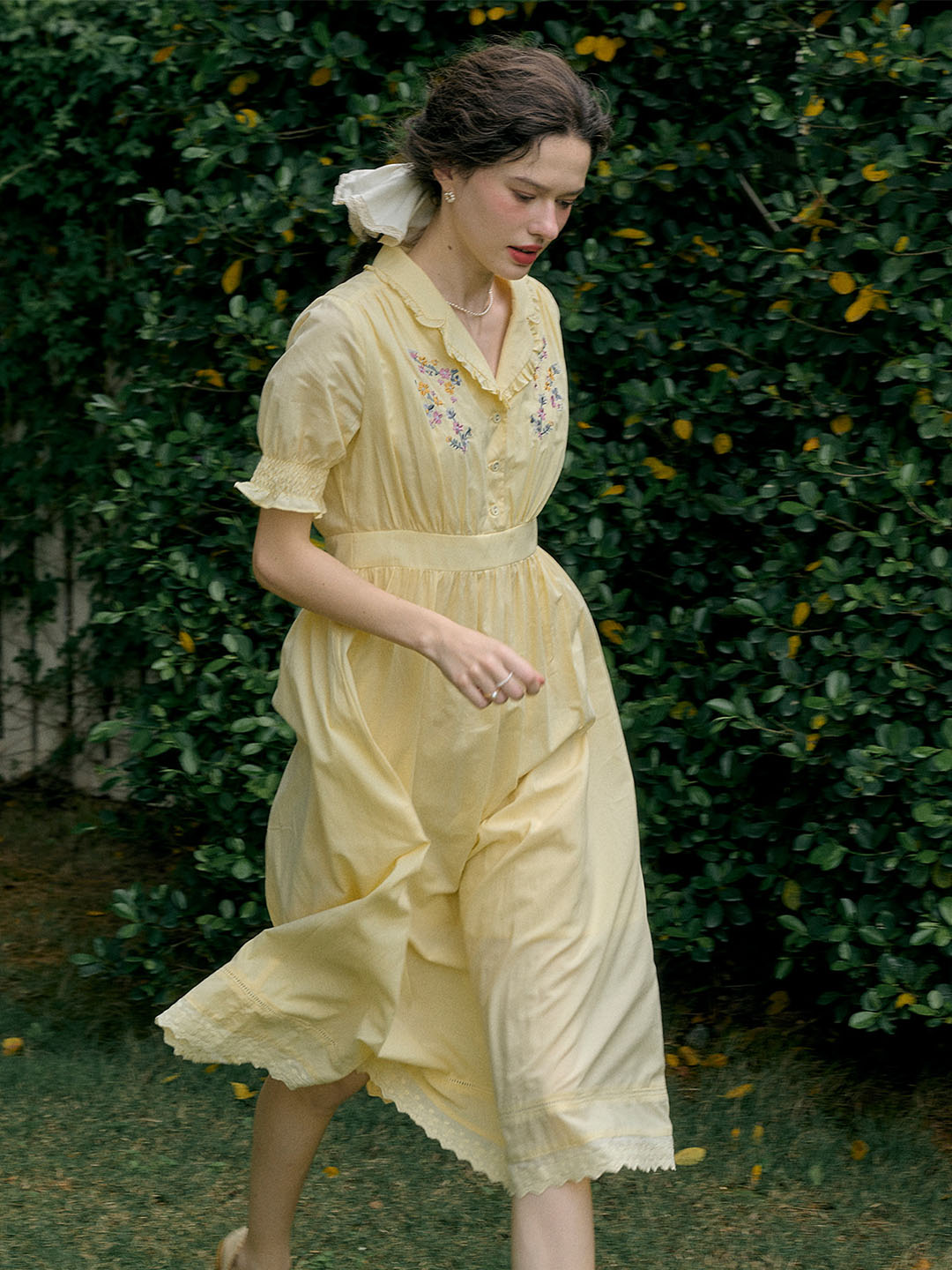 【Final Sale】Roselyn Embroidered V  Neck Lapel Puff Sleeve Cotton High Waist Midi Dress