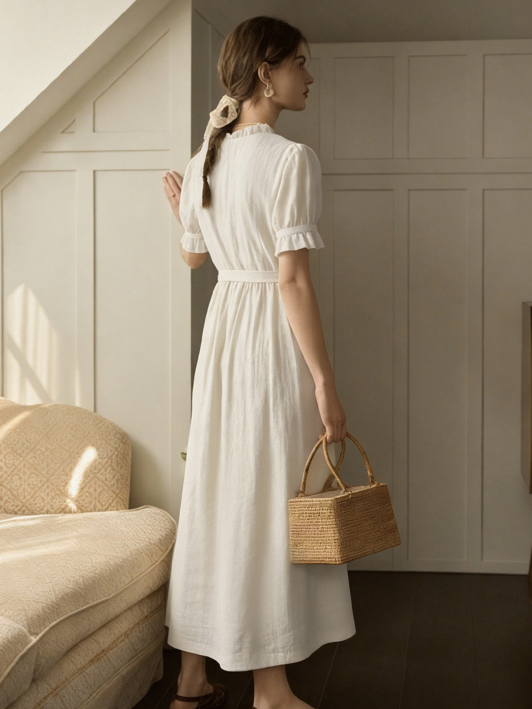 Aitana Rose Embroidered V-neck Puff Sleeve  Cotton Dress