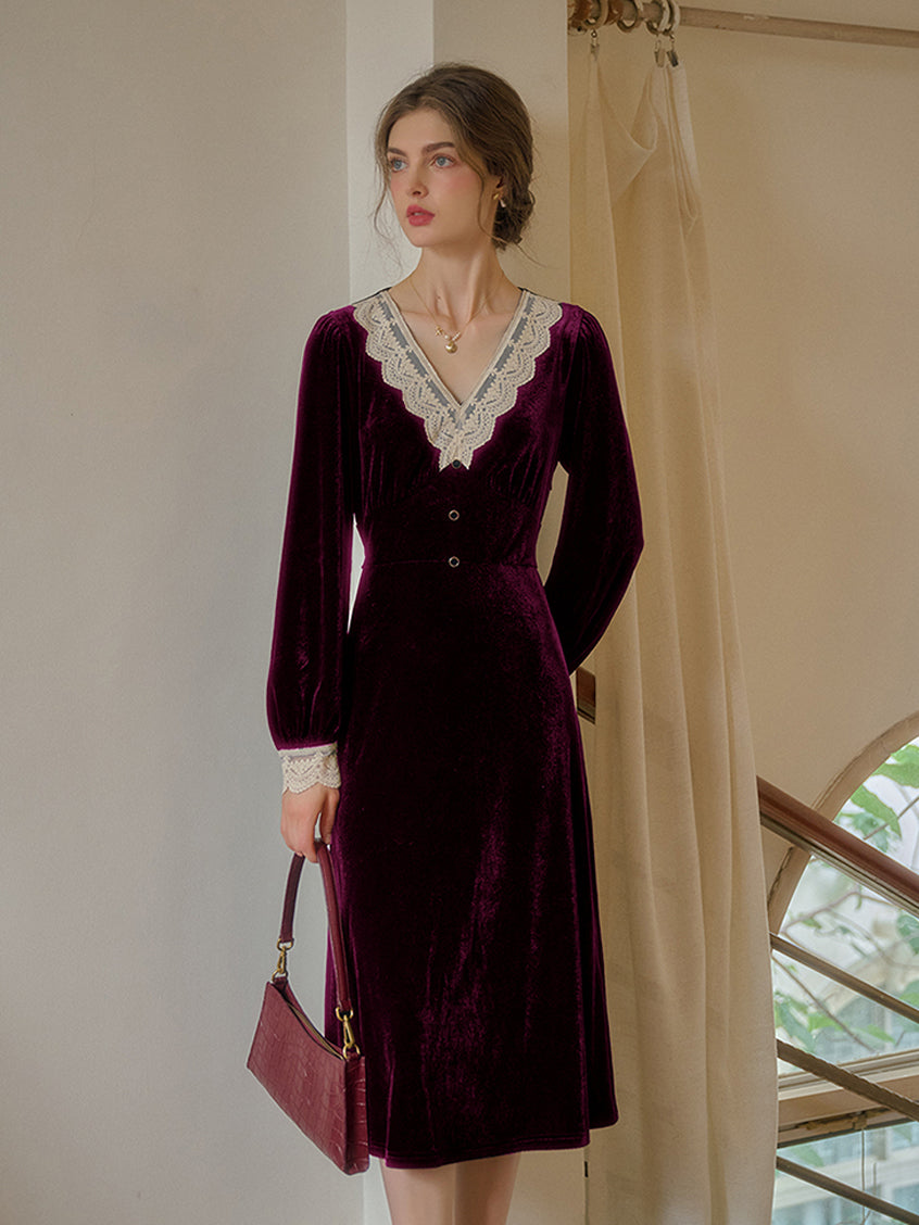 Kristen Elegant V-Neck Contrasting Lace Velvet Dress