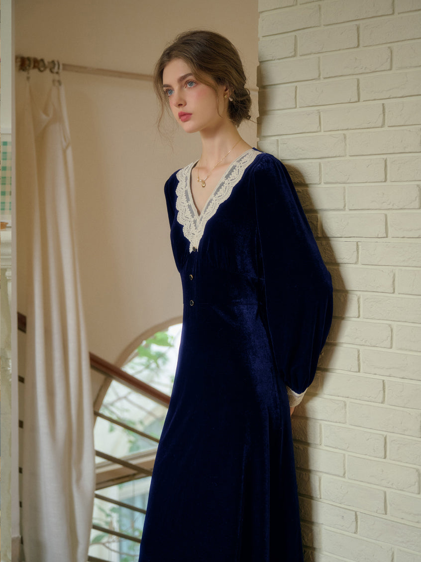 Kristen Elegant V-Neck Contrasting Lace Velvet Dress