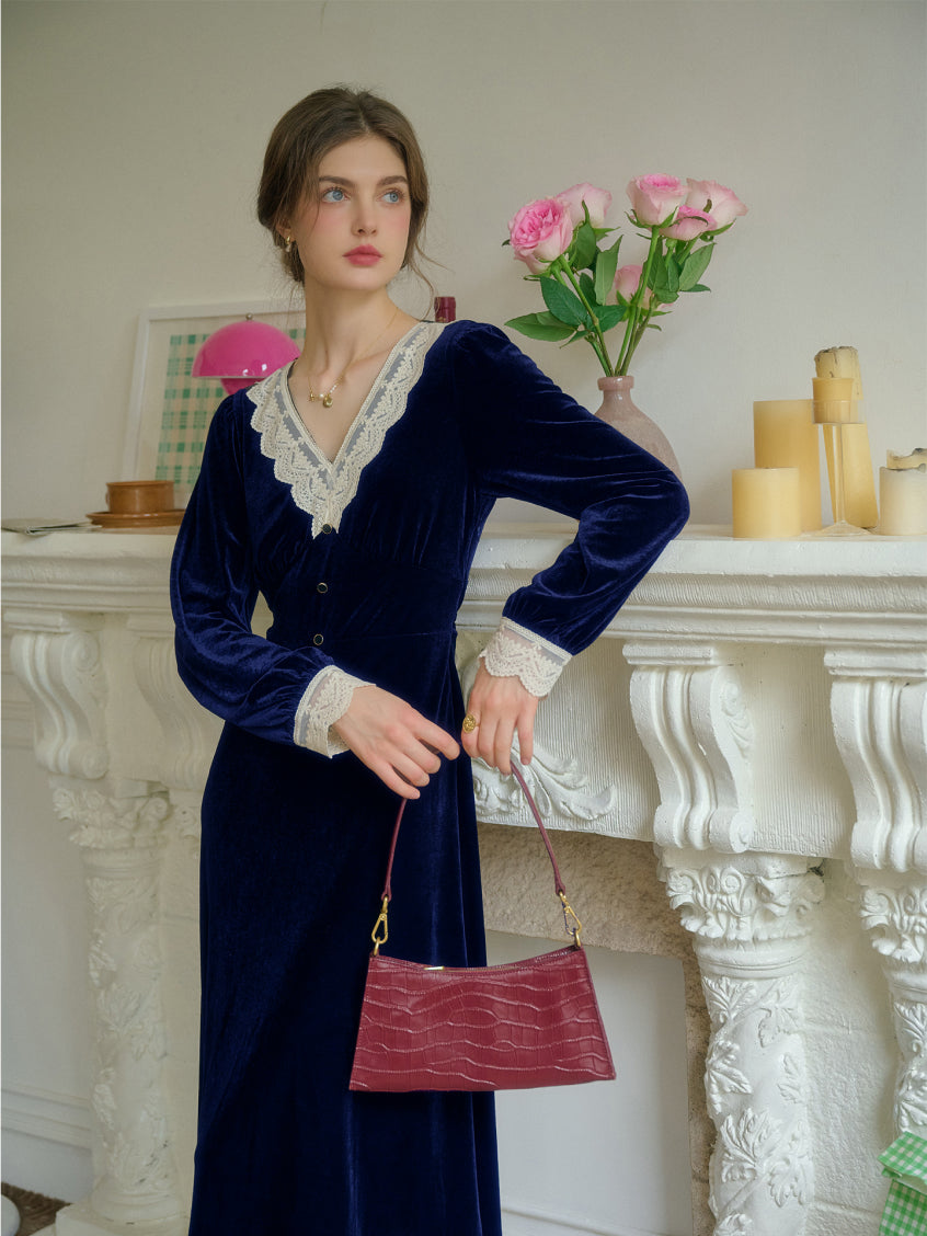Kristen Elegant V-Neck Contrasting Lace Velvet Dress