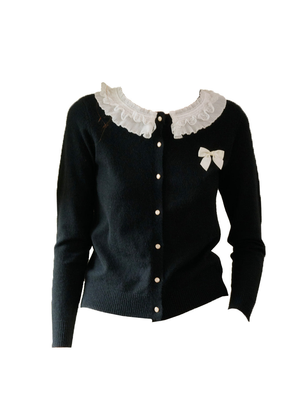 【Final Sale】Ruby Lace Lapel Contrasting Bow Cardigan