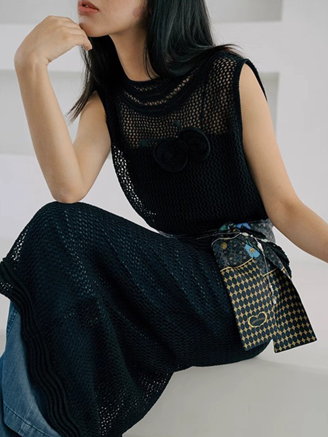 Chowxiaodou Knitted Hollow Bow Dress