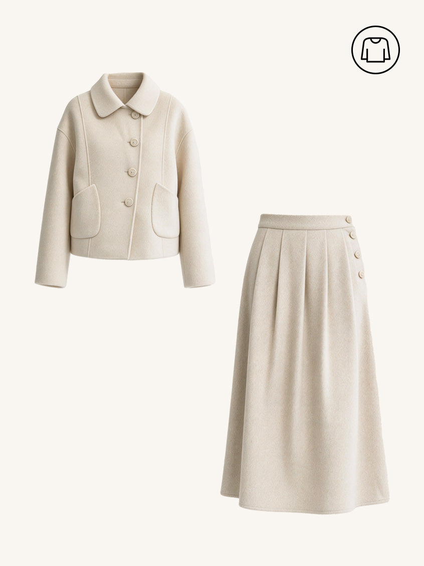 2Pcs Set Modesty Boxy Drop-Shoulder Cropped Jacket&Modesty Pleated Buttoned Tweed Midi Skirt
