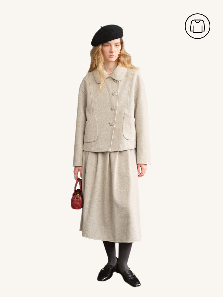 2Pcs Set Modesty Boxy Drop-Shoulder Cropped Jacket&Modesty Pleated Buttoned Tweed Midi Skirt