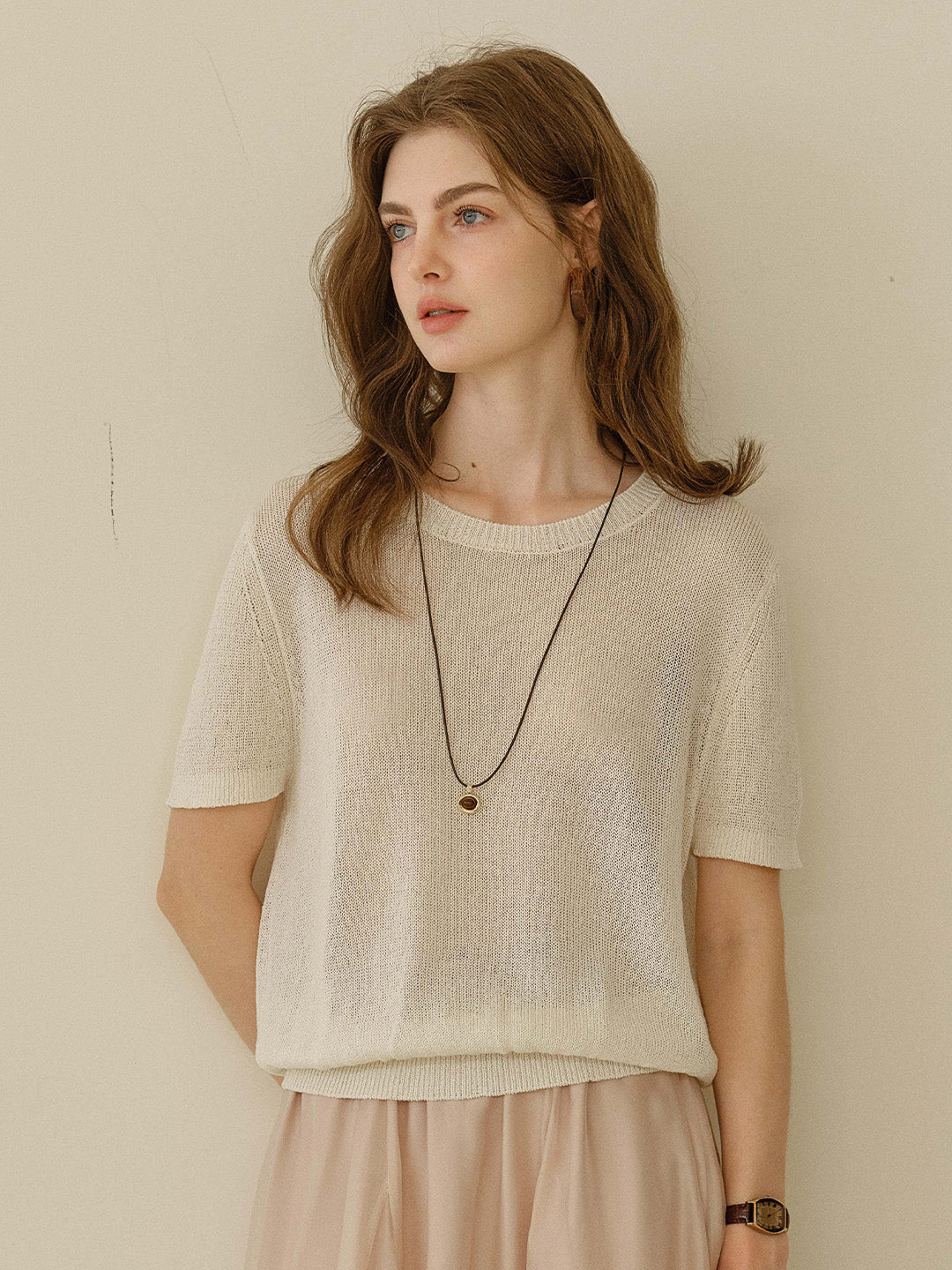 Ainsley Round Neck Light-Knit Blouse