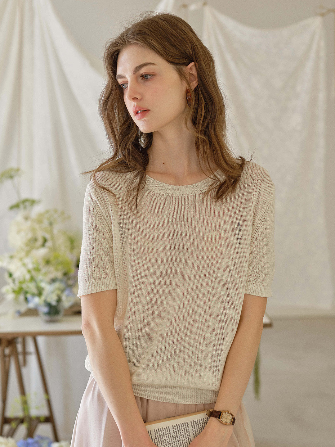 Ainsley Round Neck Light-Knit Blouse