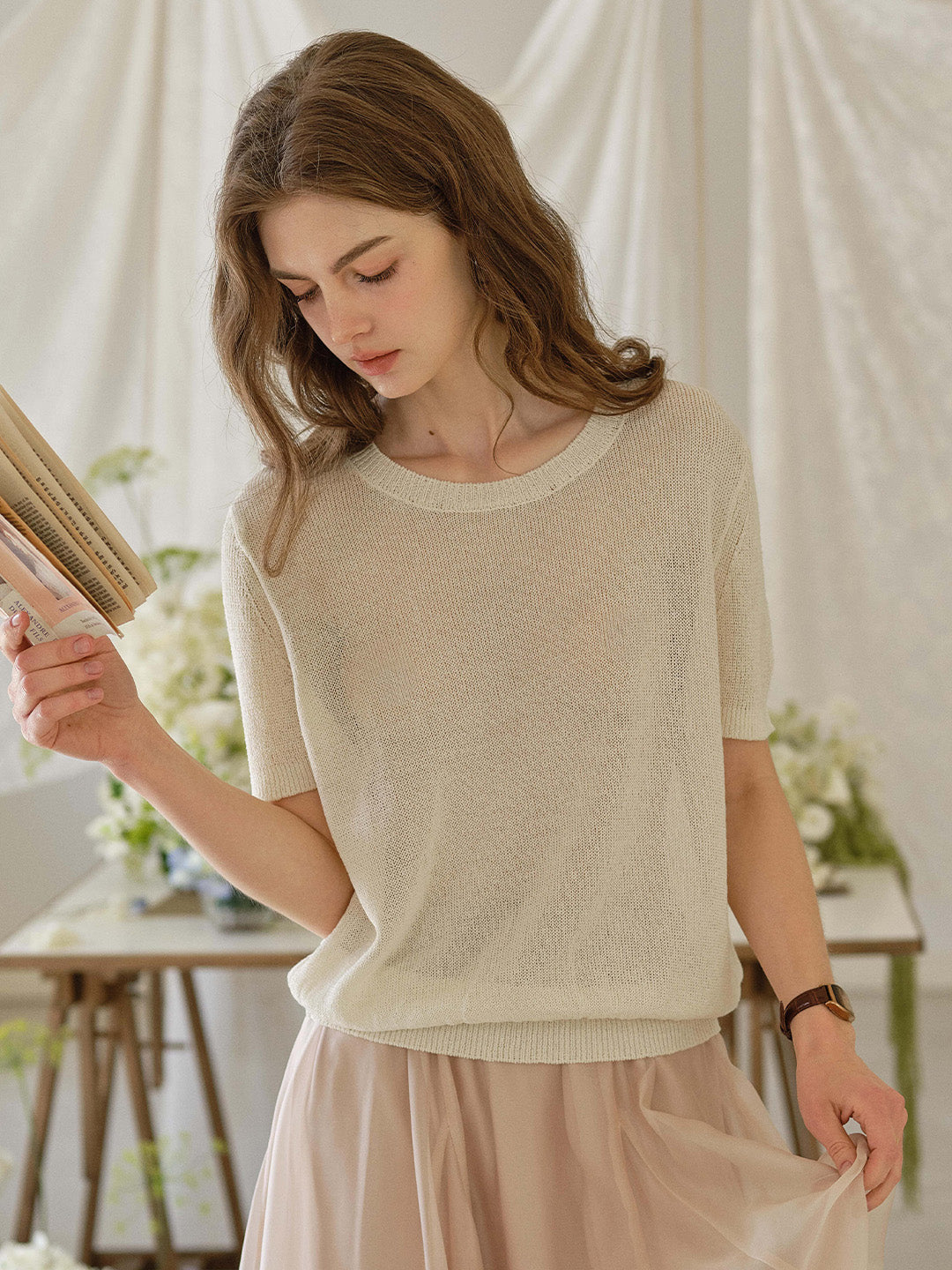 Ainsley Round Neck Light-Knit Blouse