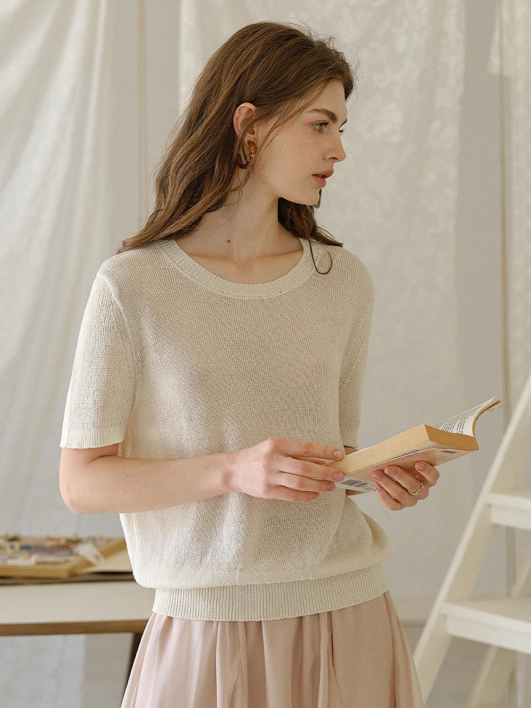 Ainsley Round Neck Light-Knit Blouse
