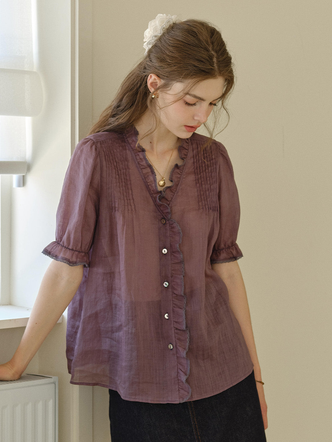 Harper Ruffle Collar 100% Ramie Blouse