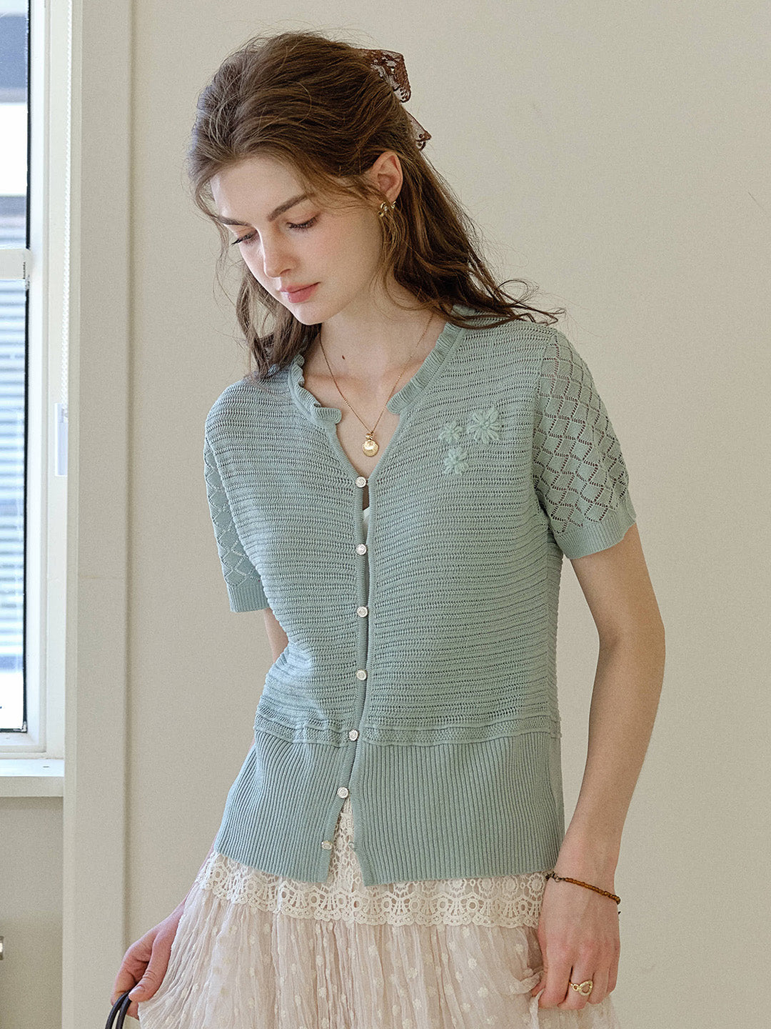 Celine V-Neck Hollow Knit Cotton Blouse