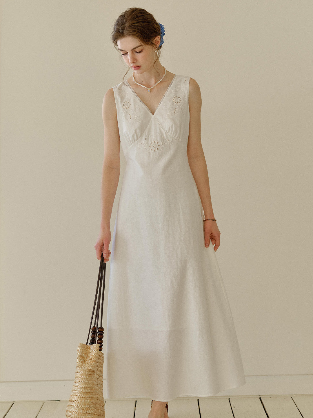 Indigo V-Neck Embroidered Linen Cotton Dress