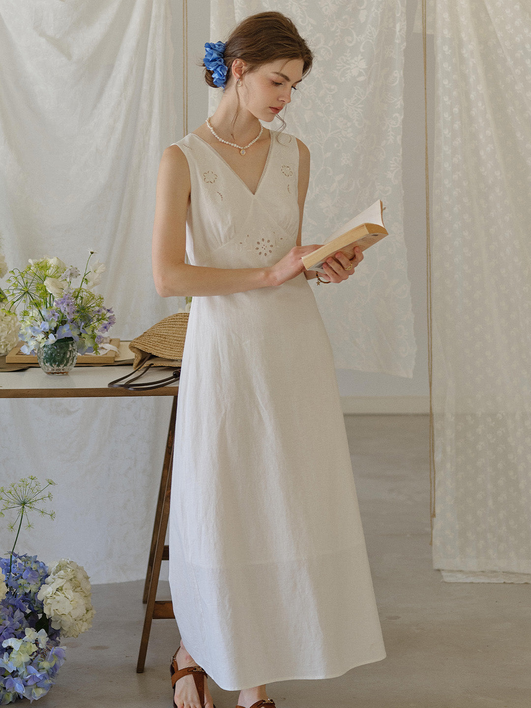 Indigo V-Neck Embroidered Linen Cotton Dress