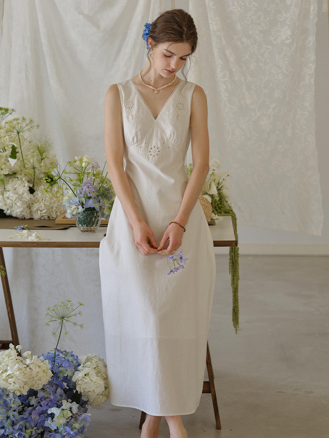 Indigo V-Neck Embroidered Linen Cotton Dress