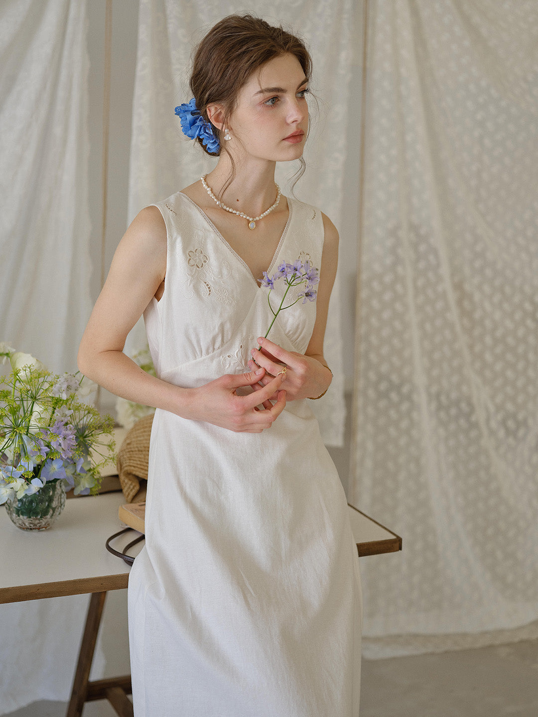 Indigo V-Neck Embroidered Linen Cotton Dress