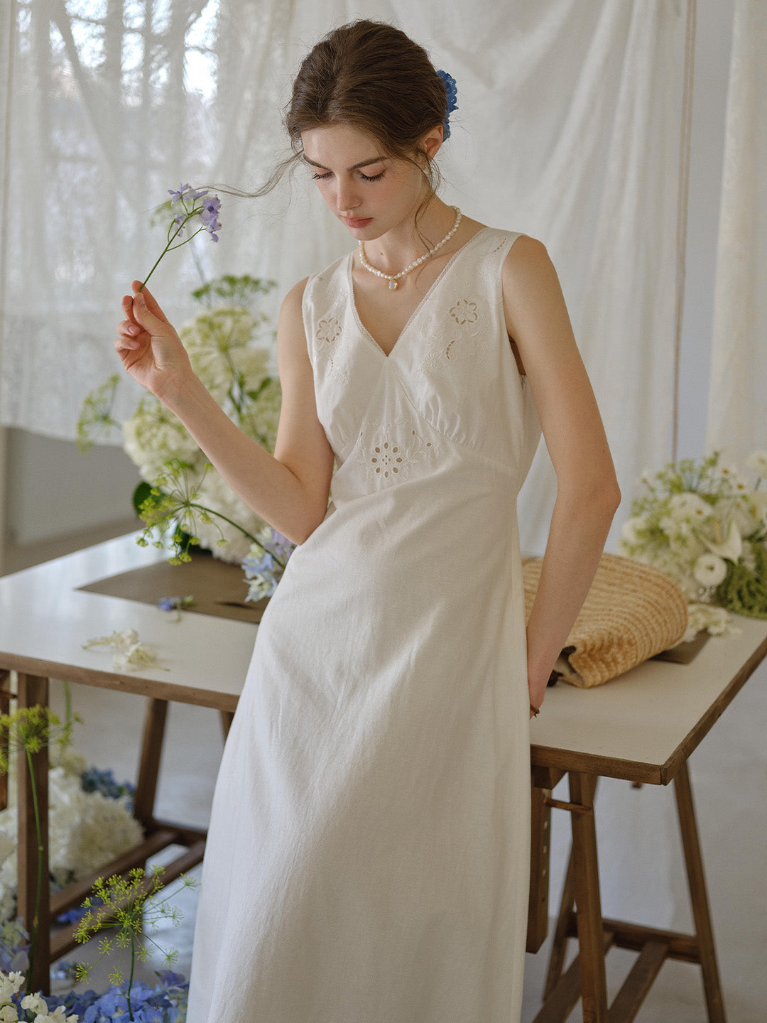 Indigo V-Neck Embroidered Linen Cotton Dress