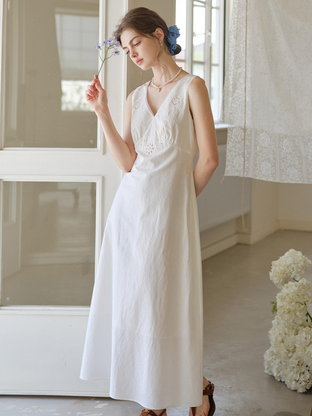 Indigo V-Neck Embroidered Linen Cotton Dress, Beige / L Indigo V-Neck Embroidered Linen Cotton Dress, Beige / L